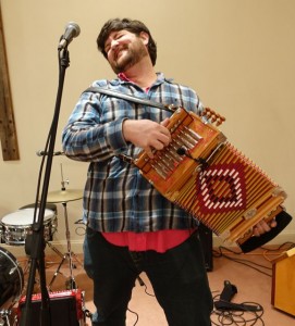 Blake Miller of the Revelers hamming it up during a sound check. Accordion players, especially Cajun ones, absolutely have more fun.